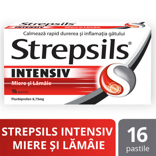 Dureri de gat - Strepsils Intensiv Miere si Lamaie, 16 pastile, Reckitt Benckiser Healthcare, sinapis.ro