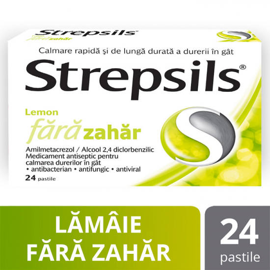 Dureri de gat - Strepsils Lemon fără zahăr, 24 pastile, Reckitt Benckiser Healthcare, sinapis.ro