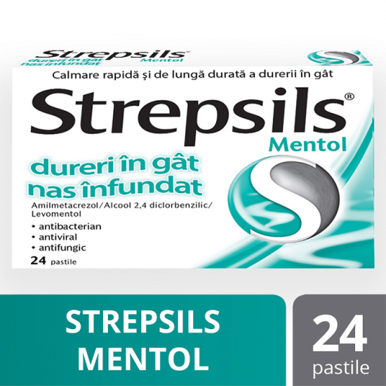 Dureri de gat - Strepsils Mentol, 24 comprimate, Reckitt Benckiser Healthcare, sinapis.ro
