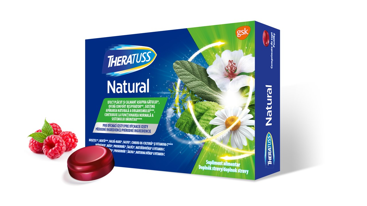 Raceala si gripa - Theratuss Natural, 16 comprimate, Glaxo, sinapis.ro