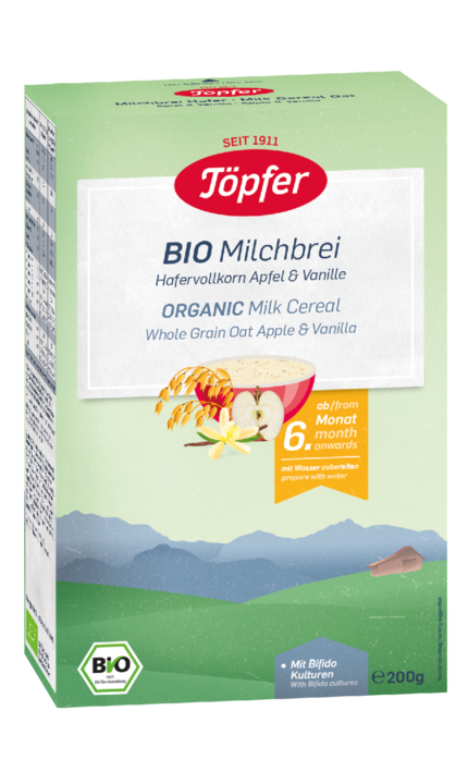 Cereale-biscuiti-pireuri - Topfer Cereale bio ovăz integral lapte măr vanilie, +6 luni, 200g, sinapis.ro