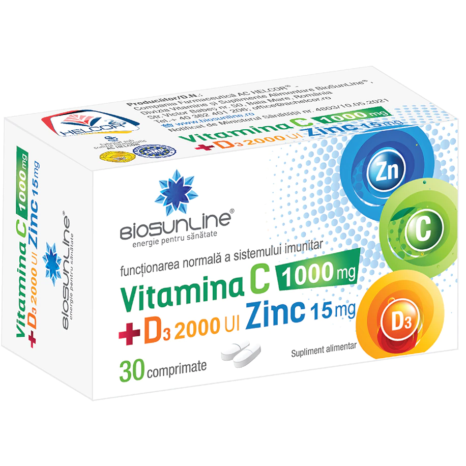 Imunitate - Vitamina C 1000+D3 2000 UI+ Zinc 15mg, 30 comprimate, Helcor, sinapis.ro