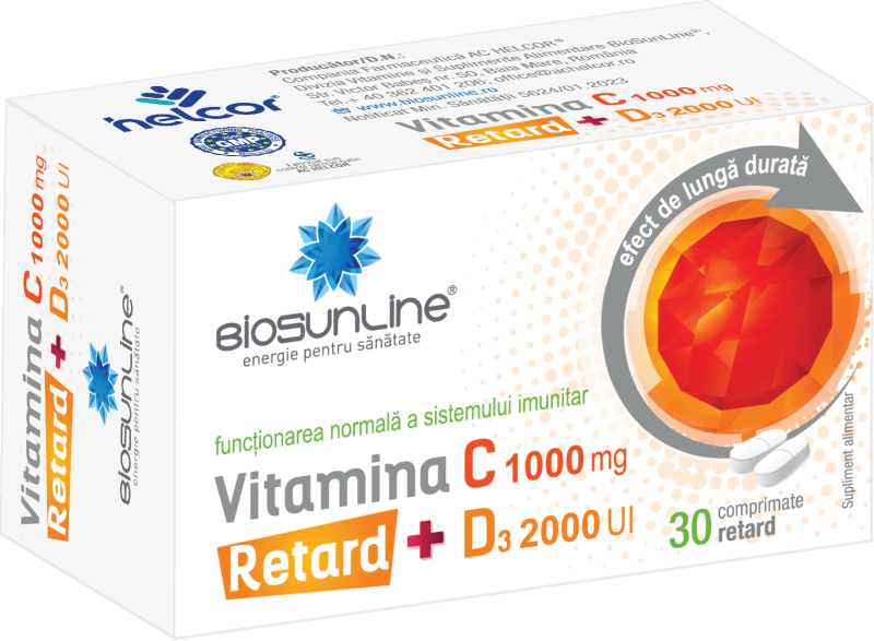 Imunitate - Vitamina C 1000+D3 2000 UI retard, 30 comprimate, Helcor, sinapis.ro