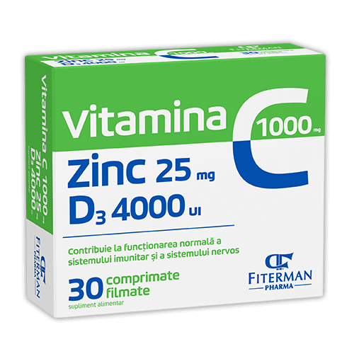 IMUNOMODULATOARE - Vitamina C 1000 mg + Zinc 25 mg + D3 4000 UI, 30 comprimate filmate, sinapis.ro
