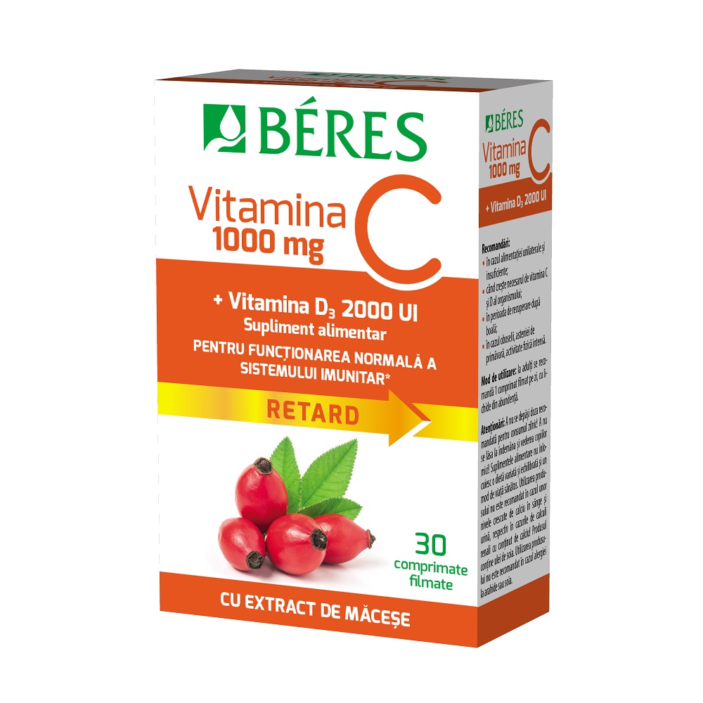 Uz general - Vitamina C 1000 mg comprimat filmat RETARD + Vitamina D3 2000 UI, 30 comprimate, Beres, sinapis.ro