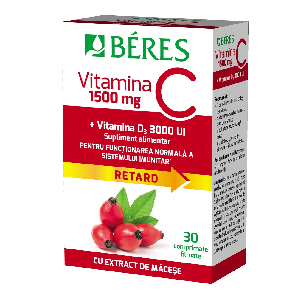 Uz general - Vitamina C 1500 mg comprimat filmat RETARD + Vitamina D3 3000 UI, 30 comprimate, Beres, sinapis.ro