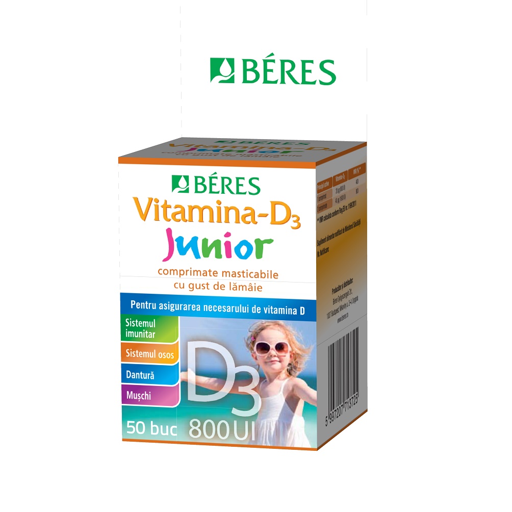 Uz general - Vitamină-D3 Junior 800 UI, 50 comprimate masticabile, Beres, sinapis.ro