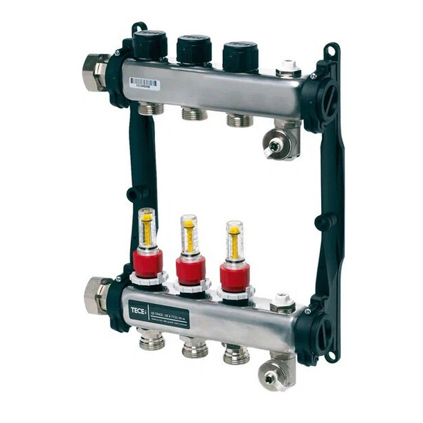 Colector distribuitor din inox tece, cu debitmetre, 1 3 iesiri, 3/4 eurocon TECE