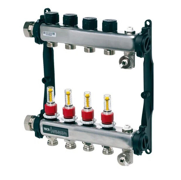 Colector distribuitor din inox tece, cu debitmetre, 1 4 iesiri, 3/4 eurocon TECE