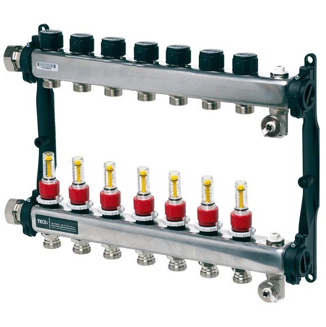 Colector distribuitor din inox tece, cu debitmetre, 1 7 iesiri, 3/4 eurocon TECE