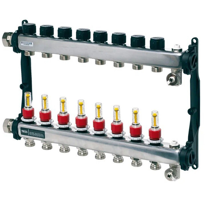 Colector distribuitor din inox tece, cu debitmetre, 1 8 iesiri, 3/4 eurocon TECE