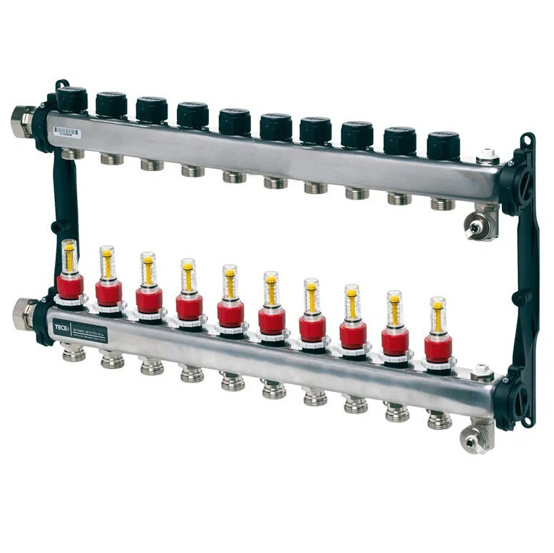 Colector distribuitor din inox tece, cu debitmetre, 1 10 iesiri, 3/4 eurocon TECE