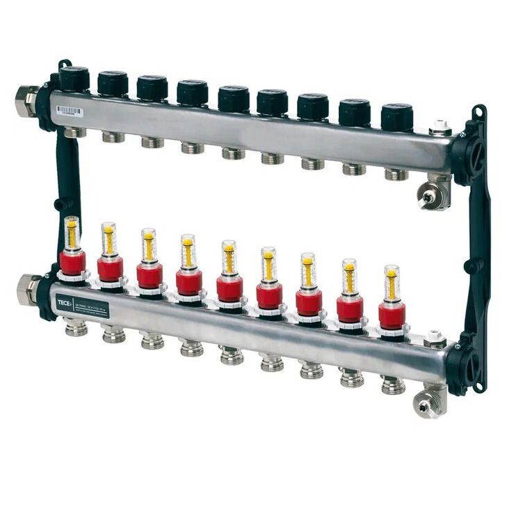 Colector distribuitor din inox tece, cu debitmetre, 1  9 iesiri, 3/4  eurocon TECE