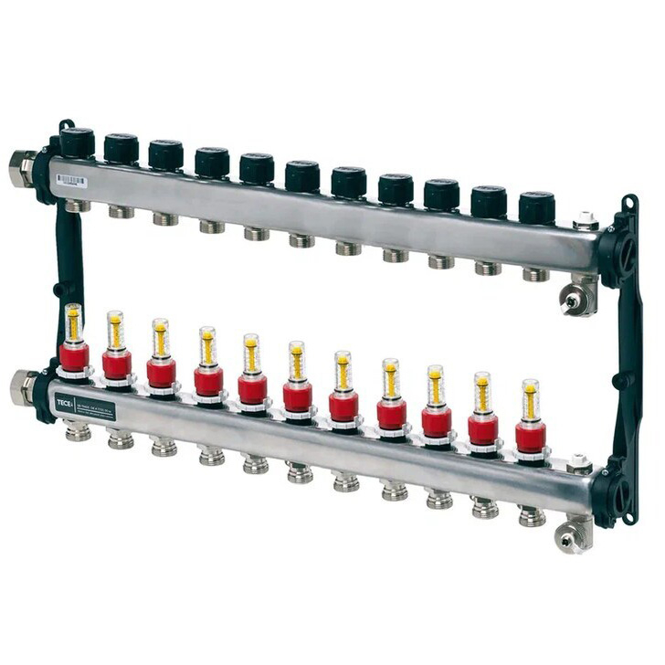 Colector distribuitor din inox tece, cu debitmetre, 1  11 iesiri, 3/4  eurocon TECE