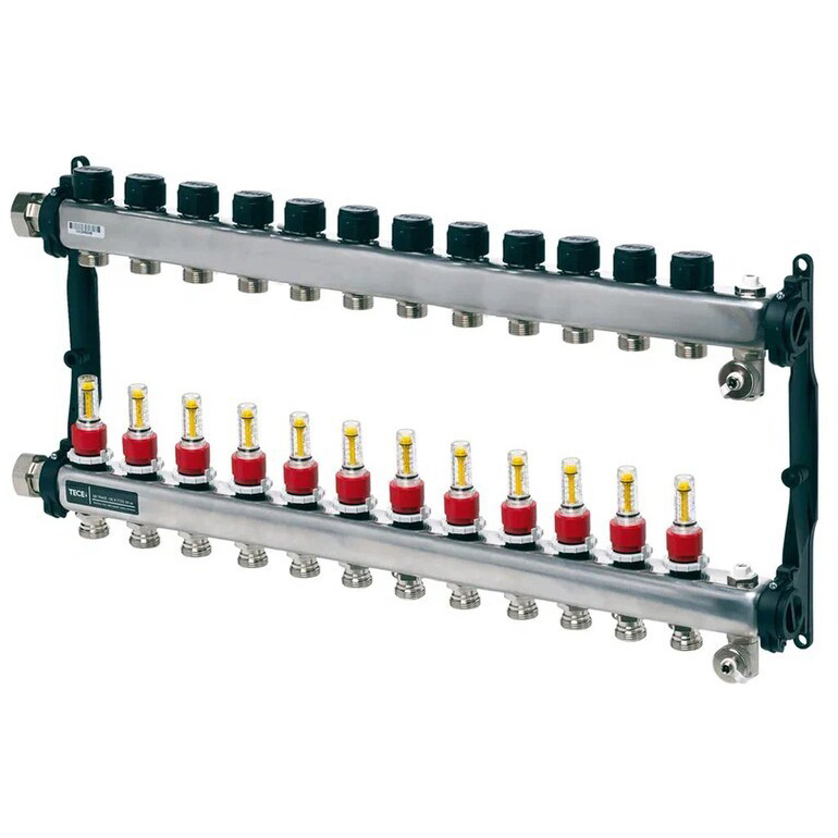 Colector distribuitor din inox tece, cu debitmetre, 1  12 iesiri, 3/4  eurocon TECE
