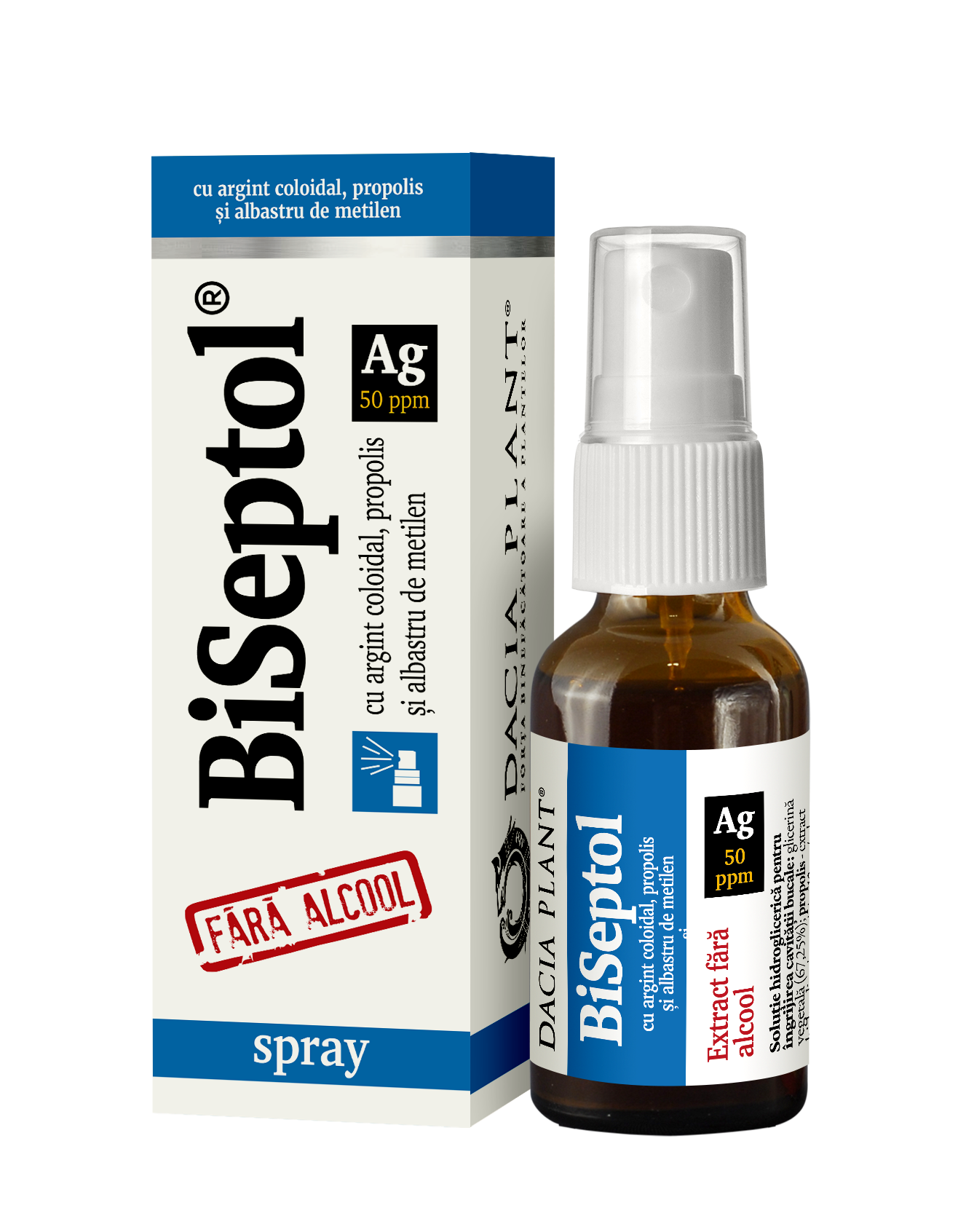 BiSeptol spray 20 ml cu propolis, albastru de metilen si argint coloidal, fara alcool, Dacia Plant