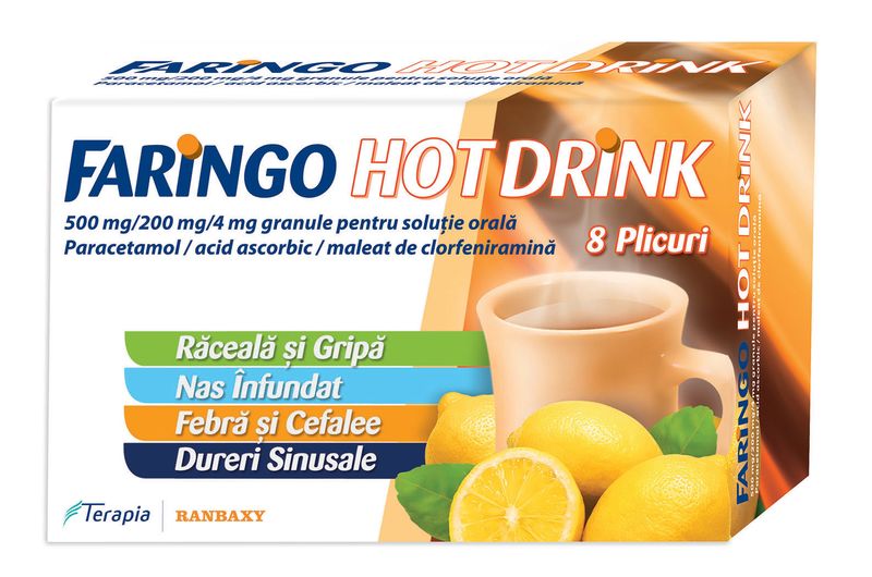 Faringo Hot Drink 500 mg/200 mg/4 mg, 8 plicuri, Terapia