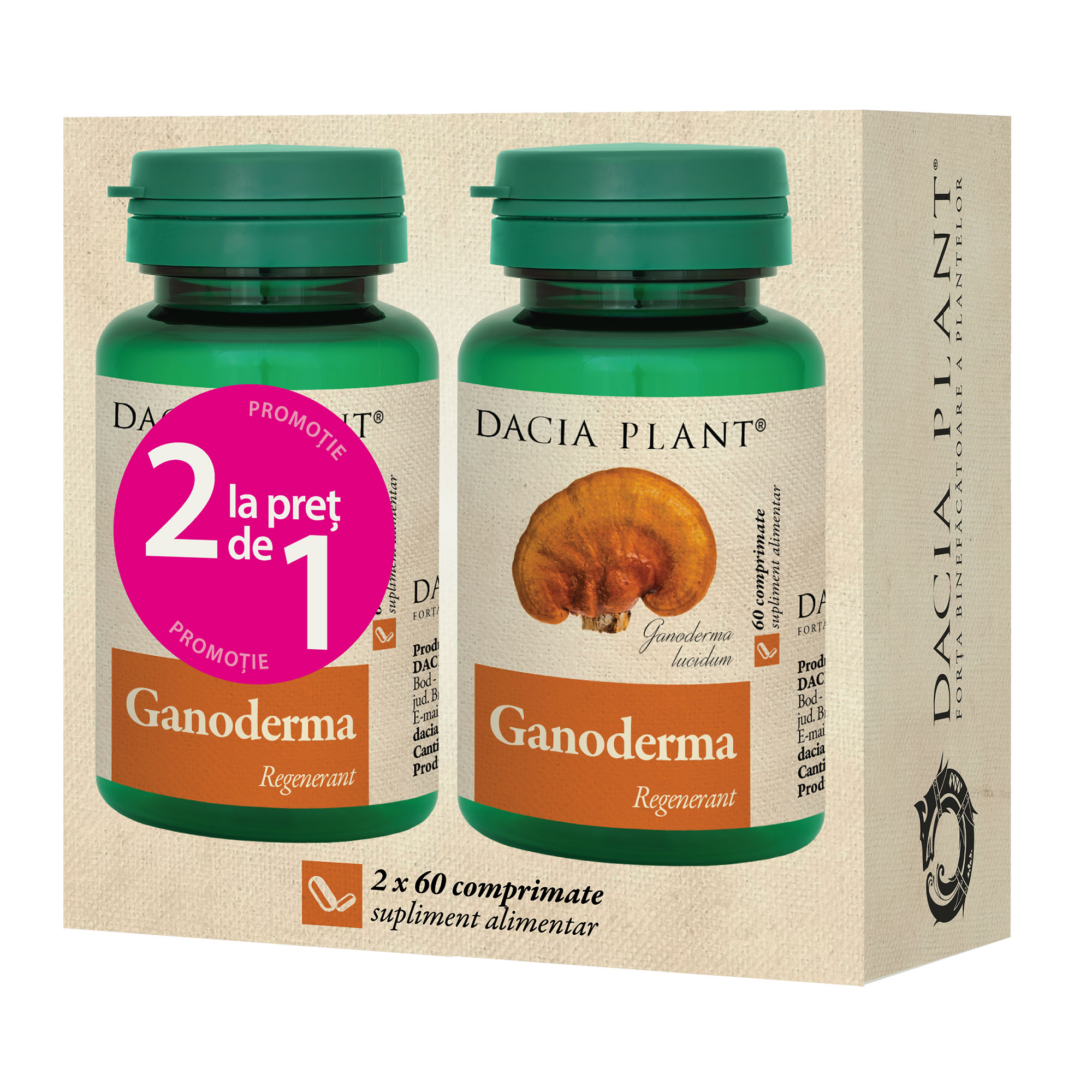 Dacia Plant Pachet ganoderma, 60 comprimate, 1+1 cadou, dacia plant
