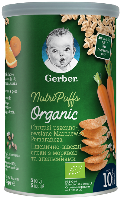 Gerber BIO Gustare cu cereale, morcovi si portocale, 35g, de la 10 luni.