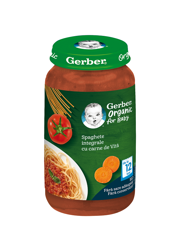 GERBER BIO Spaghete integrale cu carne de vita, 250g, de la 12 luni