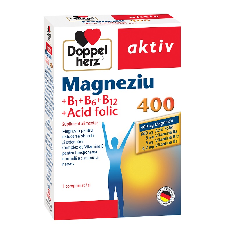 DOPPELHERZ Magnesium 400+acid folic+vitamina b1+b6+b12, 30 comprimate, doppelherz