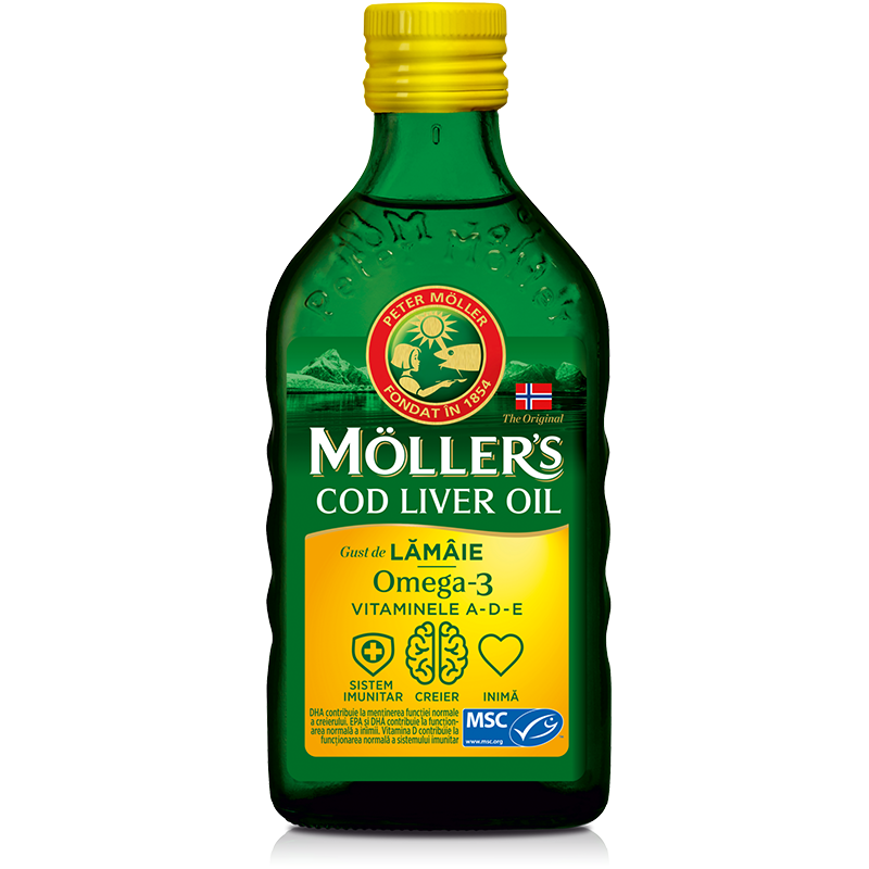Ulei din ficat de cod Omega 3, Vitamina A-D-E, aroma lamaie, 250 ml, Moller's