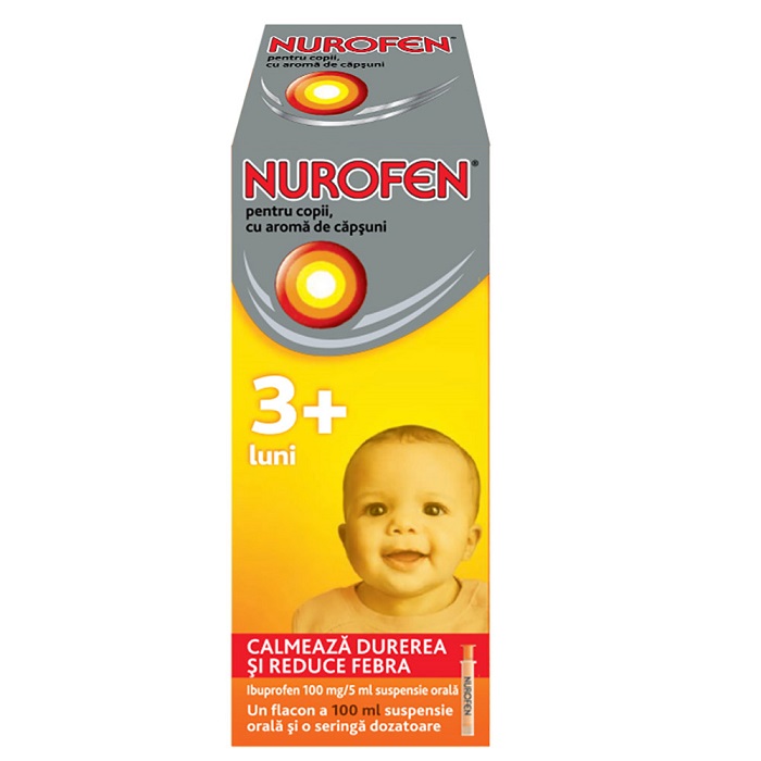 Nurofen 100mg pentru copii 3 luni aroma de cÄƒpÈ™uni, 100 ml, Reckitt Benckiser Healthcare