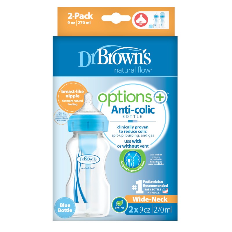 Dr. Brown's Pachet biberoane anticolici cu gât larg options+ albastru, 270 ml, 2 buc, wb92602, dr. brown's