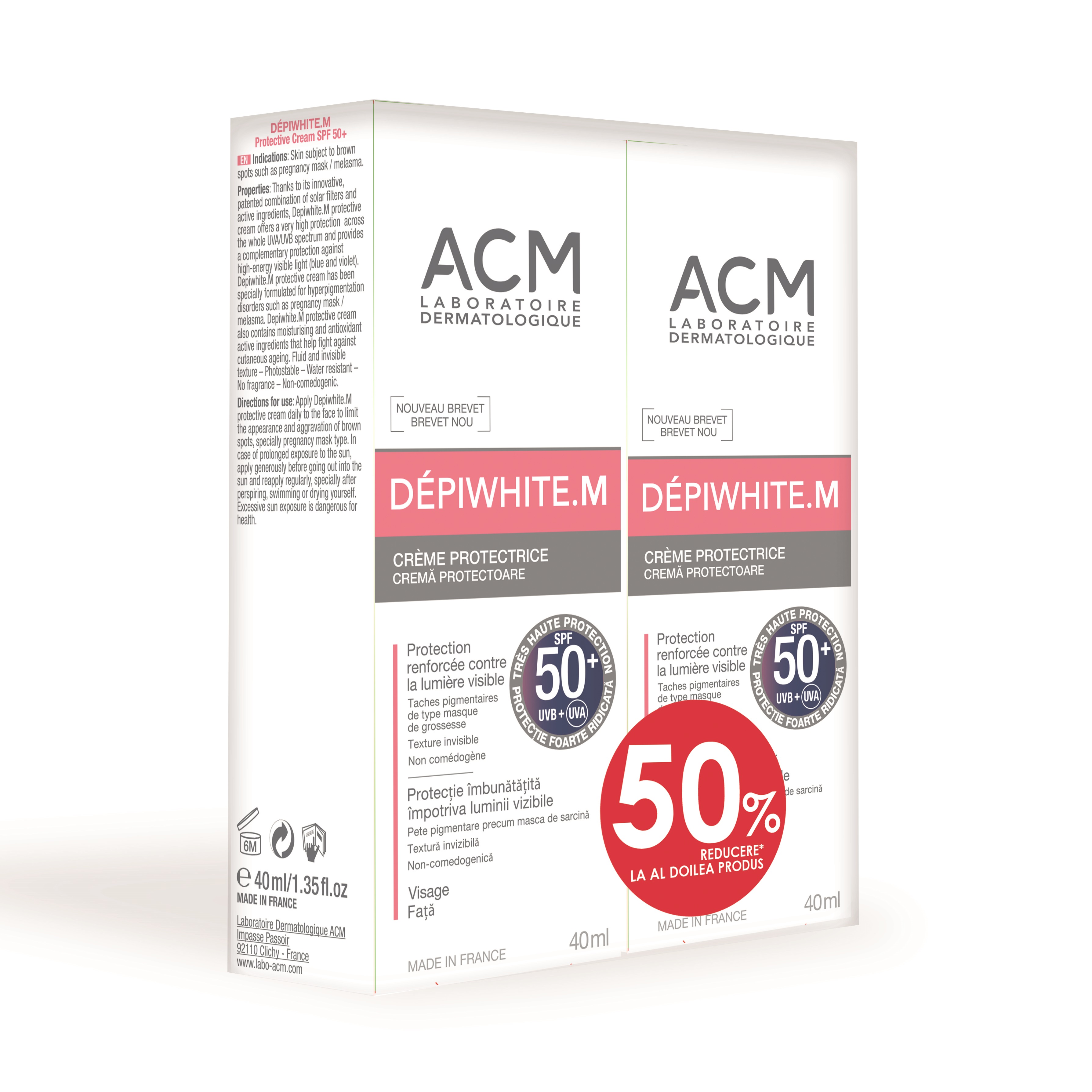 Pachet Cremă de protecție Depiwhite M SPF 50+, 40 ml + 40 ml 50% la al doilea produs, ACM