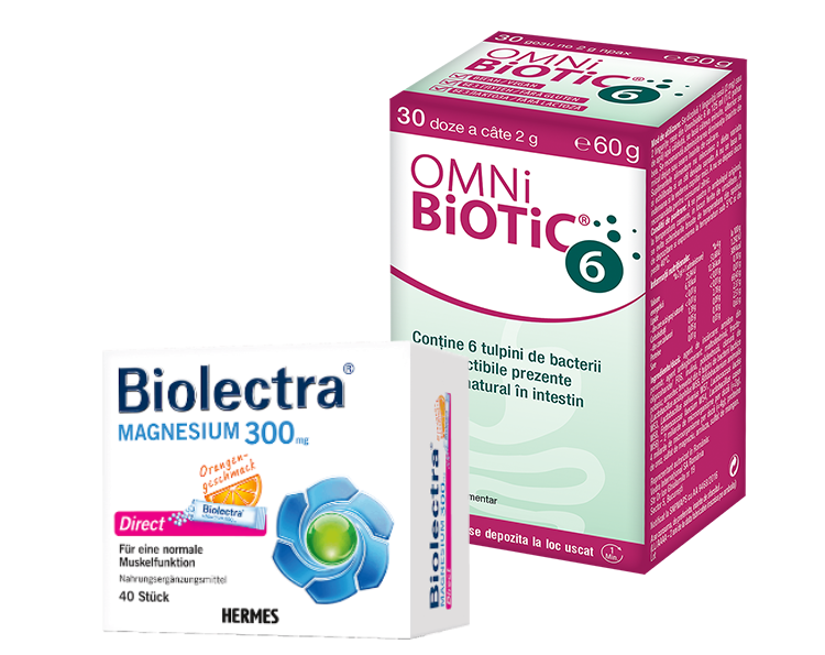 PROMO Omni Biotic 6, 60 g, 30 doze  + Biolectra Magneziu 300Mg, Lemon, 20 plicuri