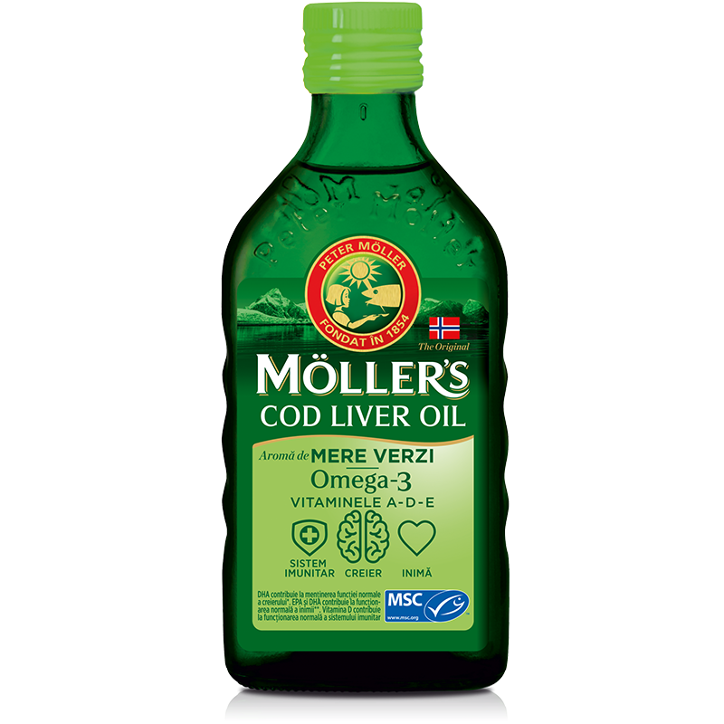 Ulei din ficat de cod Omega 3, Vitamina A-D-E, aroma mere verzi, 250 ml, Moller's