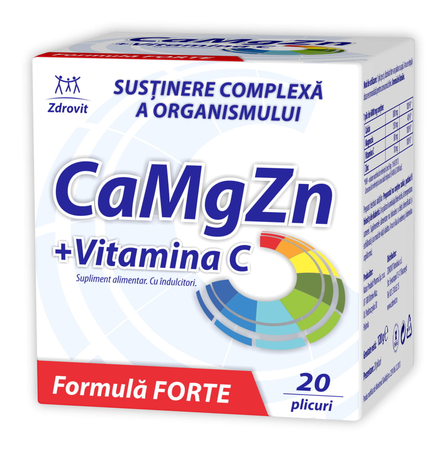 Ca, Mg, Zn şi Vitamina C Forte, 20 plicuri, Zdrovit