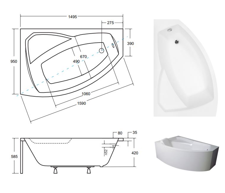 Cada baie Cada asimetrica Besco Rima 150x95 cm, varianta sta