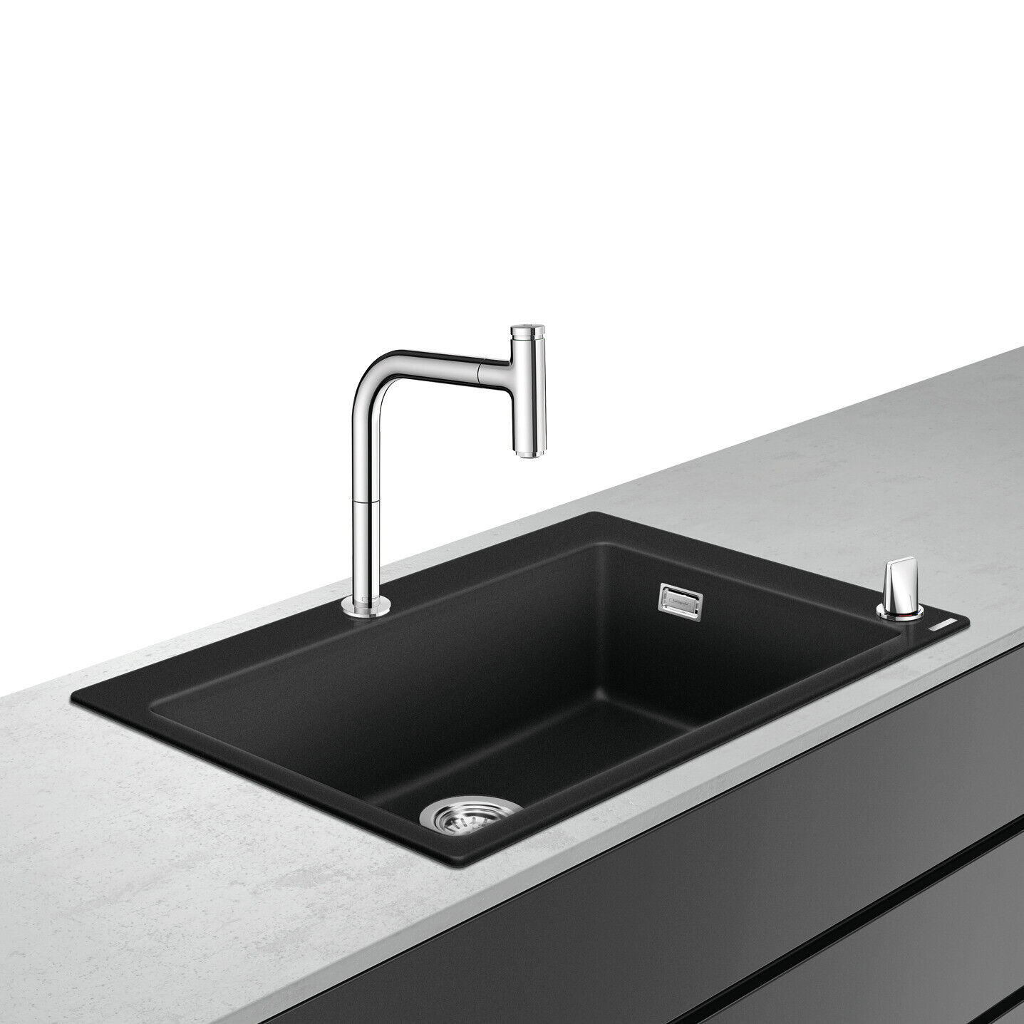 Chiuvete bucatarie - Set Hansgrohe Sink Combi 660, C51-F660-07, chiuveta SilicaTec 77x51 cm cu 1 cuva, graphite black si baterie cu doua elemente si dus extractibil, laguna.ro
