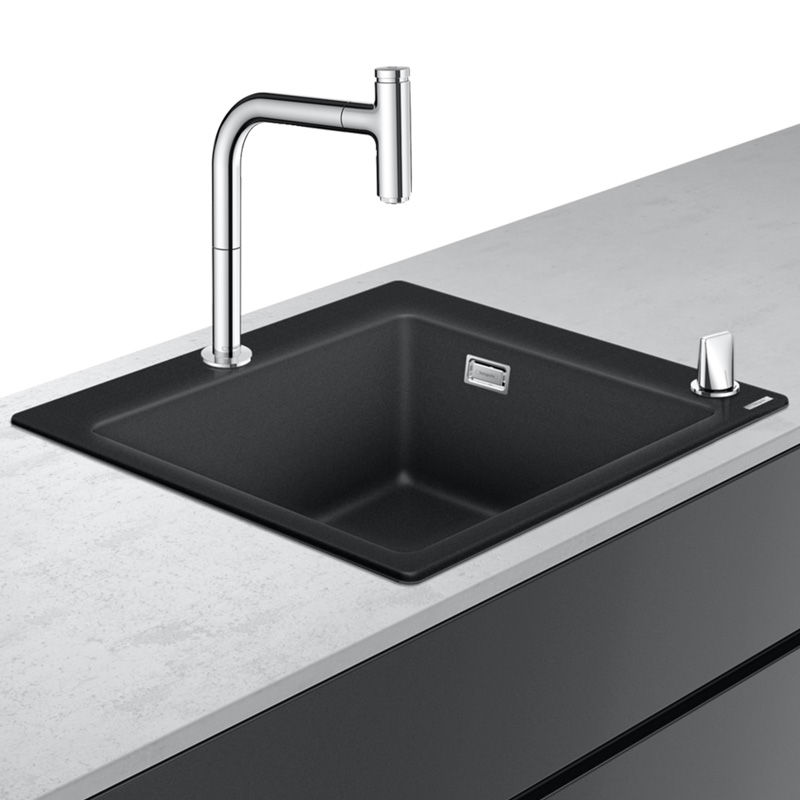 Chiuvete bucatarie - Set Hansgrohe Sink Combi C51-F450-06, chiuveta SilicaTec 56x51 cm graphite black si baterie cu doua elemente si dus extractibil, laguna.ro