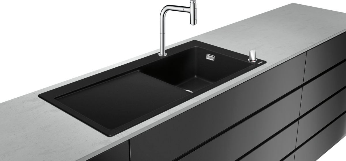 Chiuvete bucatarie - Set Hansgrohe Sink Combi C51-F450-08, chiuveta SilicaTec 105x51 cm, cuva dreapta graphite black si baterie cu doua elemente si dus extractibil, laguna.ro