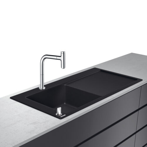 Chiuvete bucatarie - Set Hansgrohe Sink Combi C51-F450-12, chiuveta SilicaTec 105x51 cm, cuva stanga graphite black si baterie cu doua elemente si dus extractibil, laguna.ro
