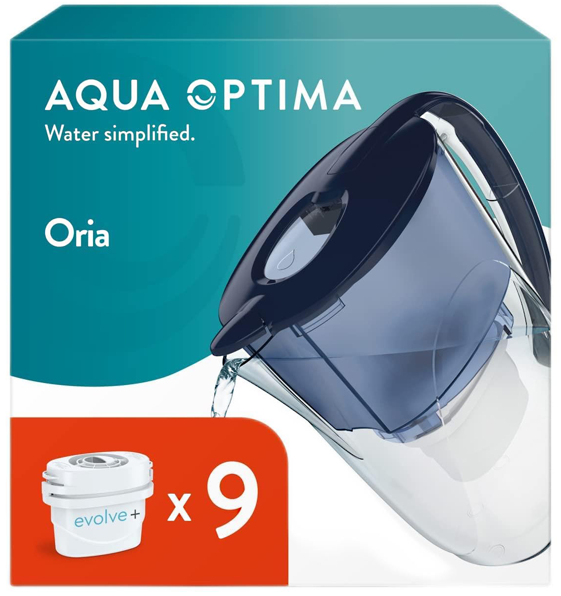 9 filtre de apa Evolve + Cana filtranta Aqua Optima Oria, 2,8 litri, Albastru