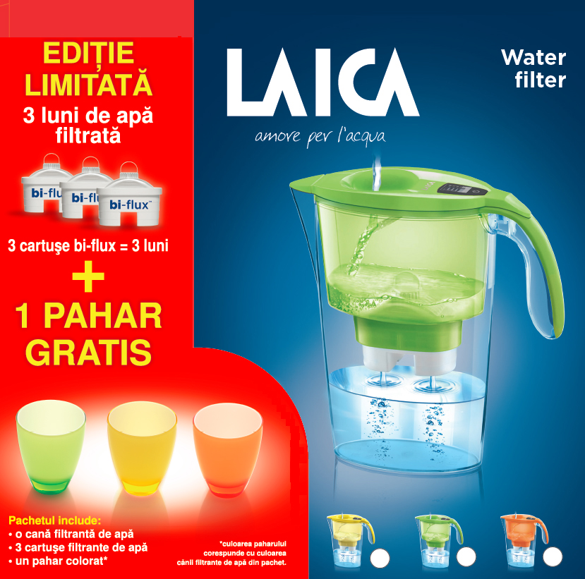 PROMO: Cana Laica Stream + 3 filtre Bi-Flux + pahar de colectie CADOU, 2,3 litri Laica