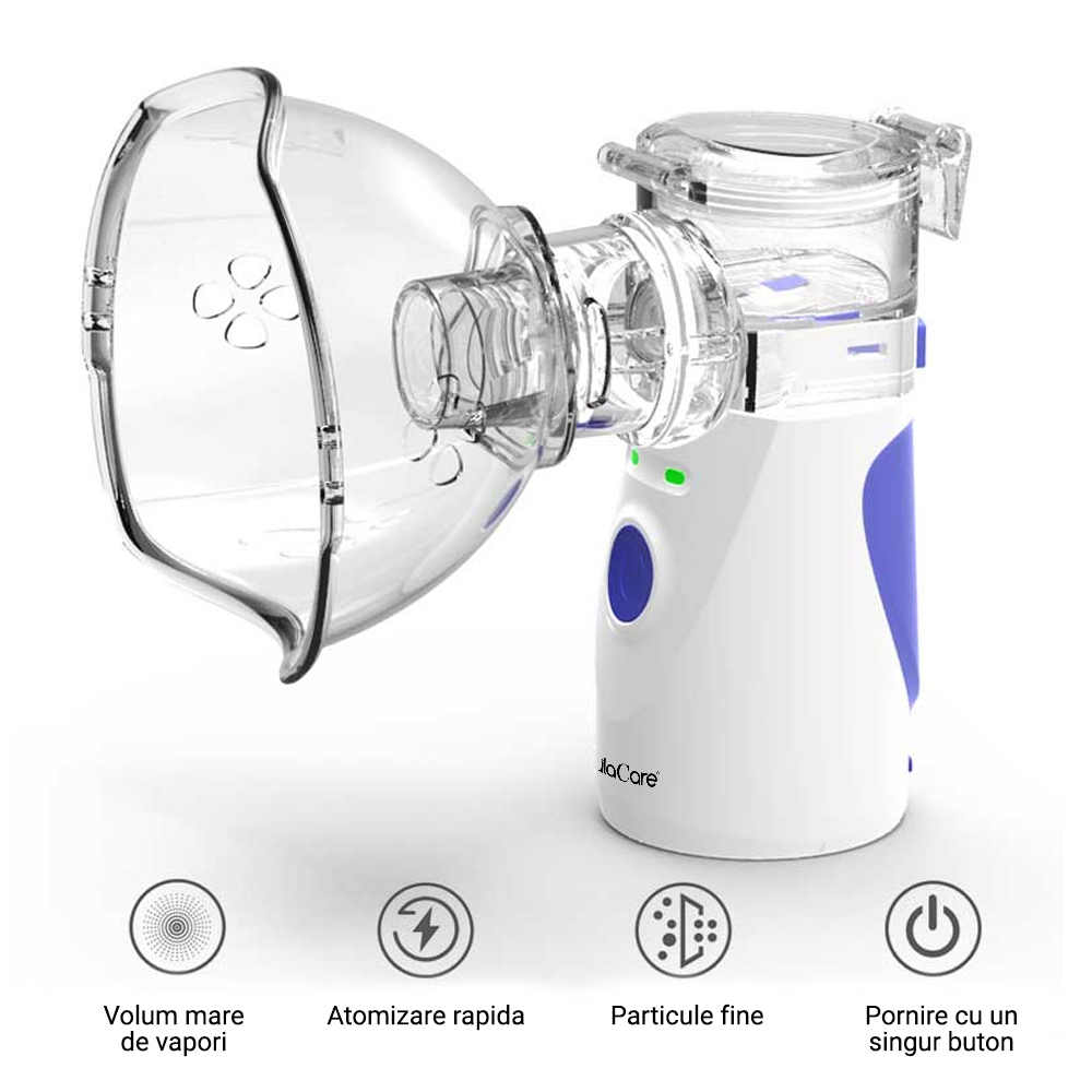 Aparat aerosoli Lila Care, nebulizator, portabil,  ultrasonic, baterii si adaptor priza, tehnologie Mesh, accesorii, trusa depozitare, super silentios, alb, [5],https:lilarossa.ro