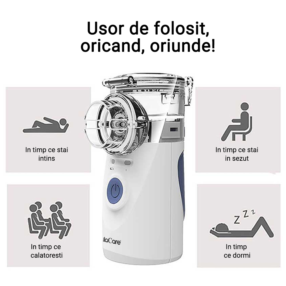 Aparat aerosoli Lila Care, nebulizator, portabil,  ultrasonic, baterii si adaptor priza, tehnologie Mesh, accesorii, trusa depozitare, super silentios, alb, [6],https:lilarossa.ro