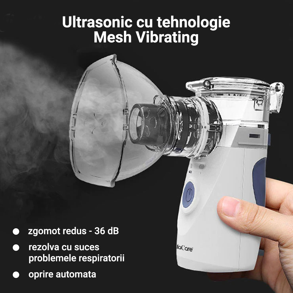 Aparat aerosoli Lila Care, nebulizator, portabil,  ultrasonic, baterii si adaptor priza, tehnologie Mesh, accesorii, trusa depozitare, super silentios, alb, [7],https:lilarossa.ro