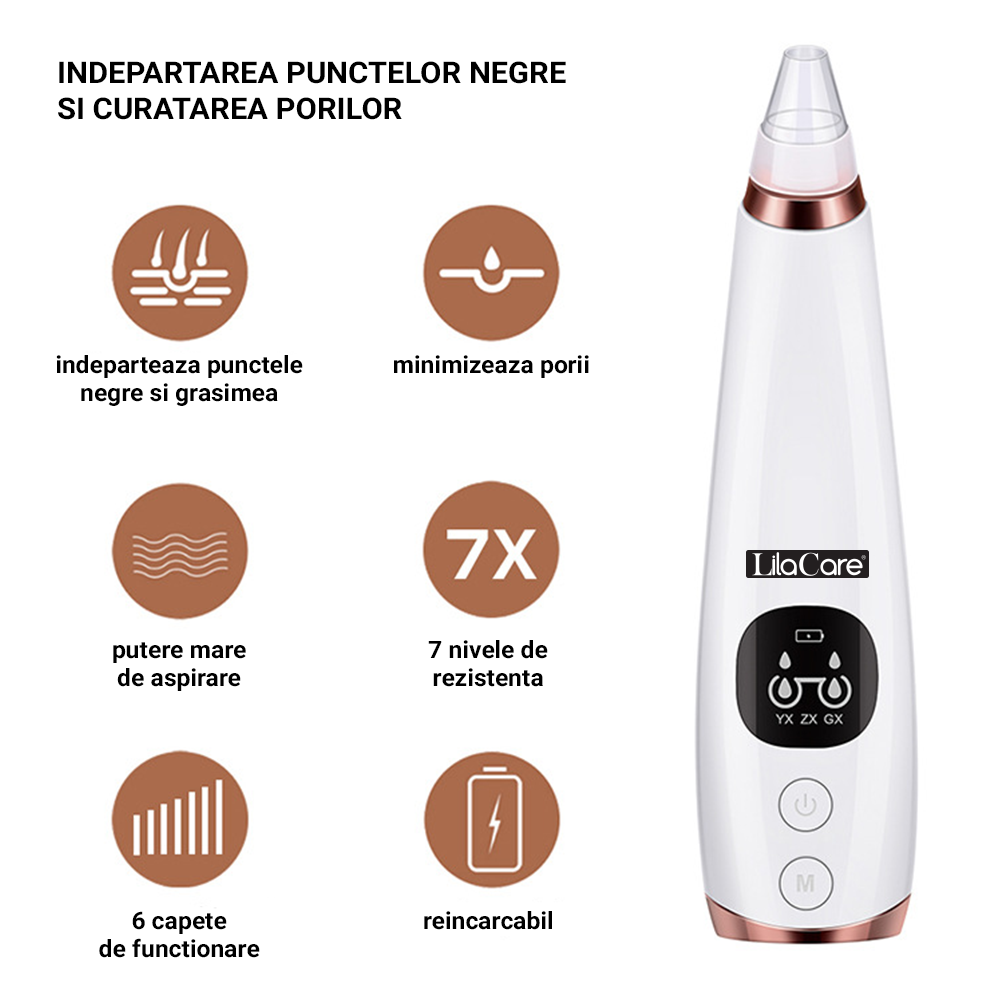 Aspirator facial Lila Care, ingrijire ten, indepartarea punctelor negre, minimizarea porilor, putere de aspirare mare, 6 capete inlocuibile, 7 nivele de rezistenta, portabil, alb, [3],https:lilarossa.ro