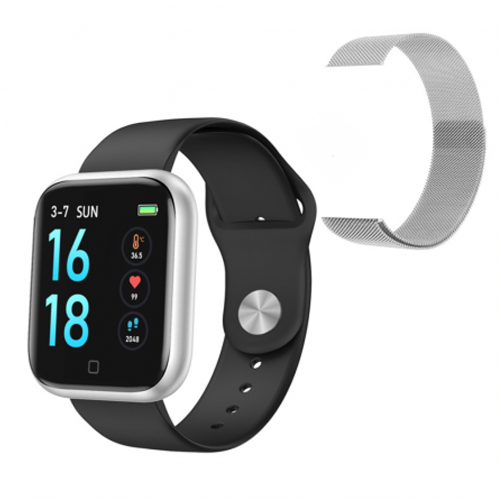 Ceas SmartWatch Loomax cu doua curele (metalica argintie, silicon neagra), SmartTime 80, 1.3" OLED Display, Model T80, Notificari retele sociale, Monitorizare Ritm Cardiac, Tensiune arteriala, Pedometru, Photo Control