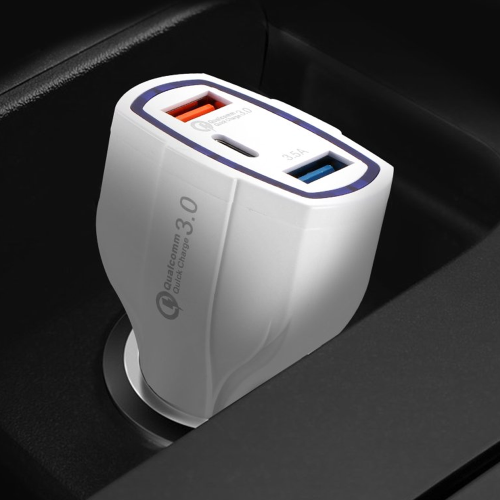 Incarcator auto cu incarcare rapida, QC 3.0, 2 porturi USB si tip C, 20W, alb, [3],https:lilarossa.ro