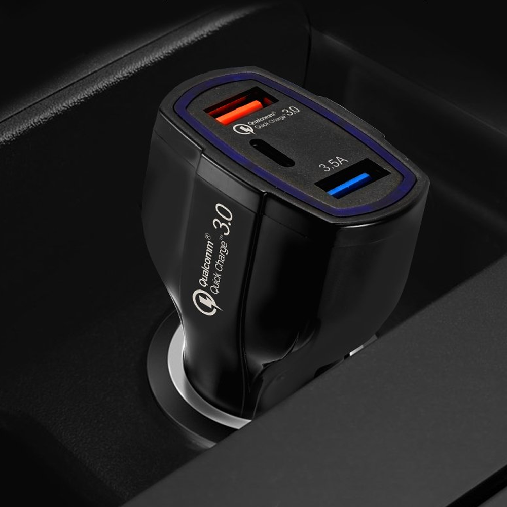 Incarcator auto cu incarcare rapida, QC 3.0, 2 porturi USB si tip C, 20 W, negru, [3],https:lilarossa.ro
