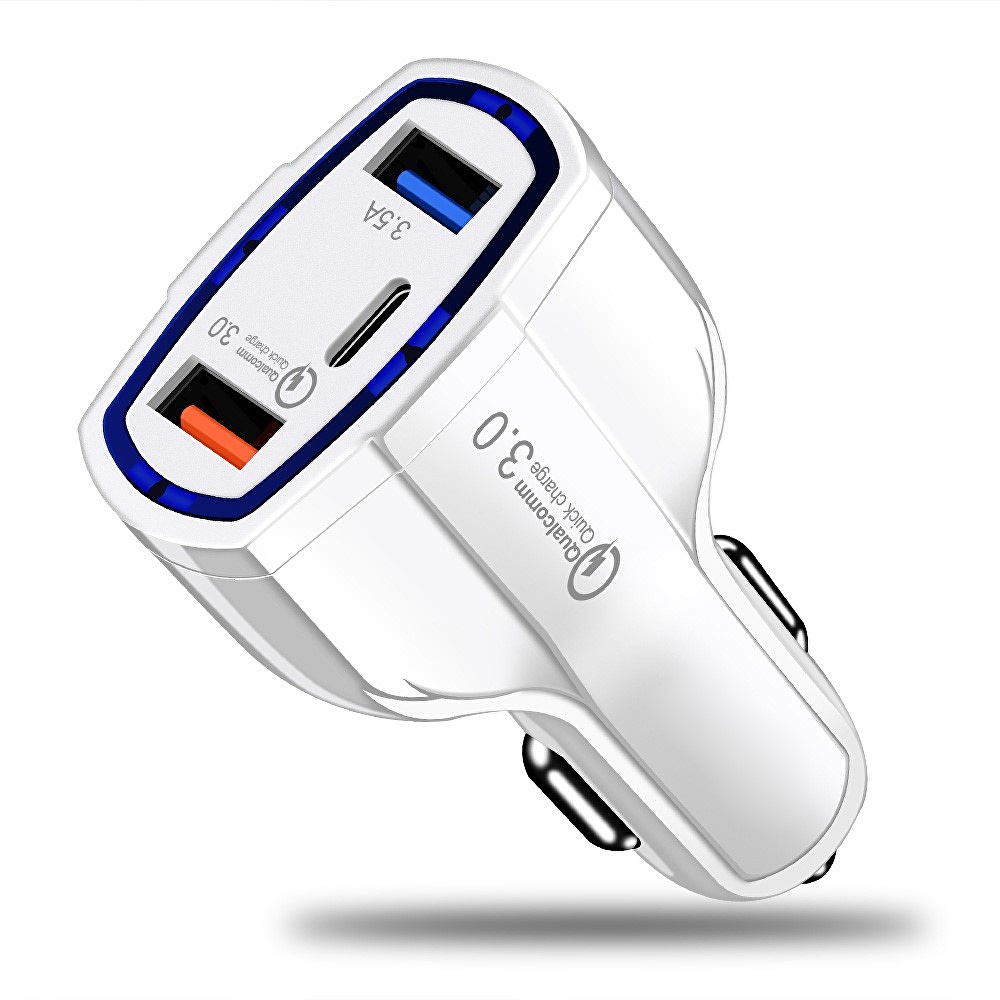 Incarcator auto cu incarcare rapida, QC 3.0, 2 porturi USB si tip C, 20W, alb, [2],https:lilarossa.ro