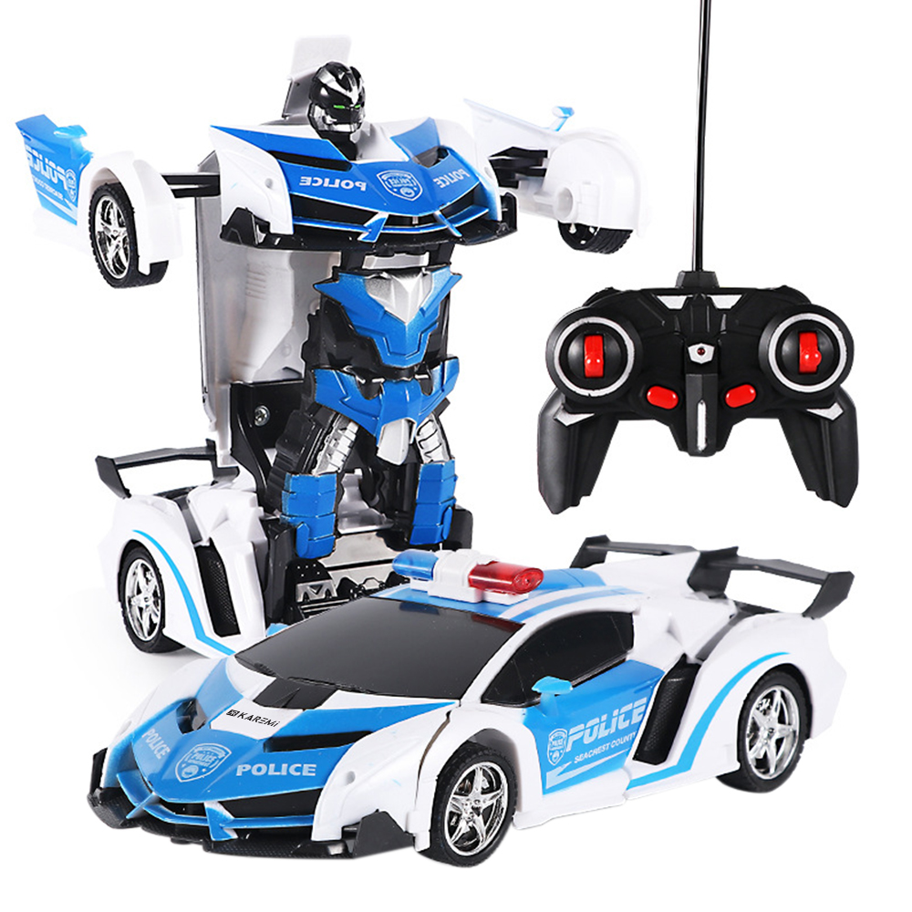 Masina Transformer Robot cu telecomanda Karemi, pentru copii, control rapid, rotire 360 grade, efecte sonore realiste, model politie