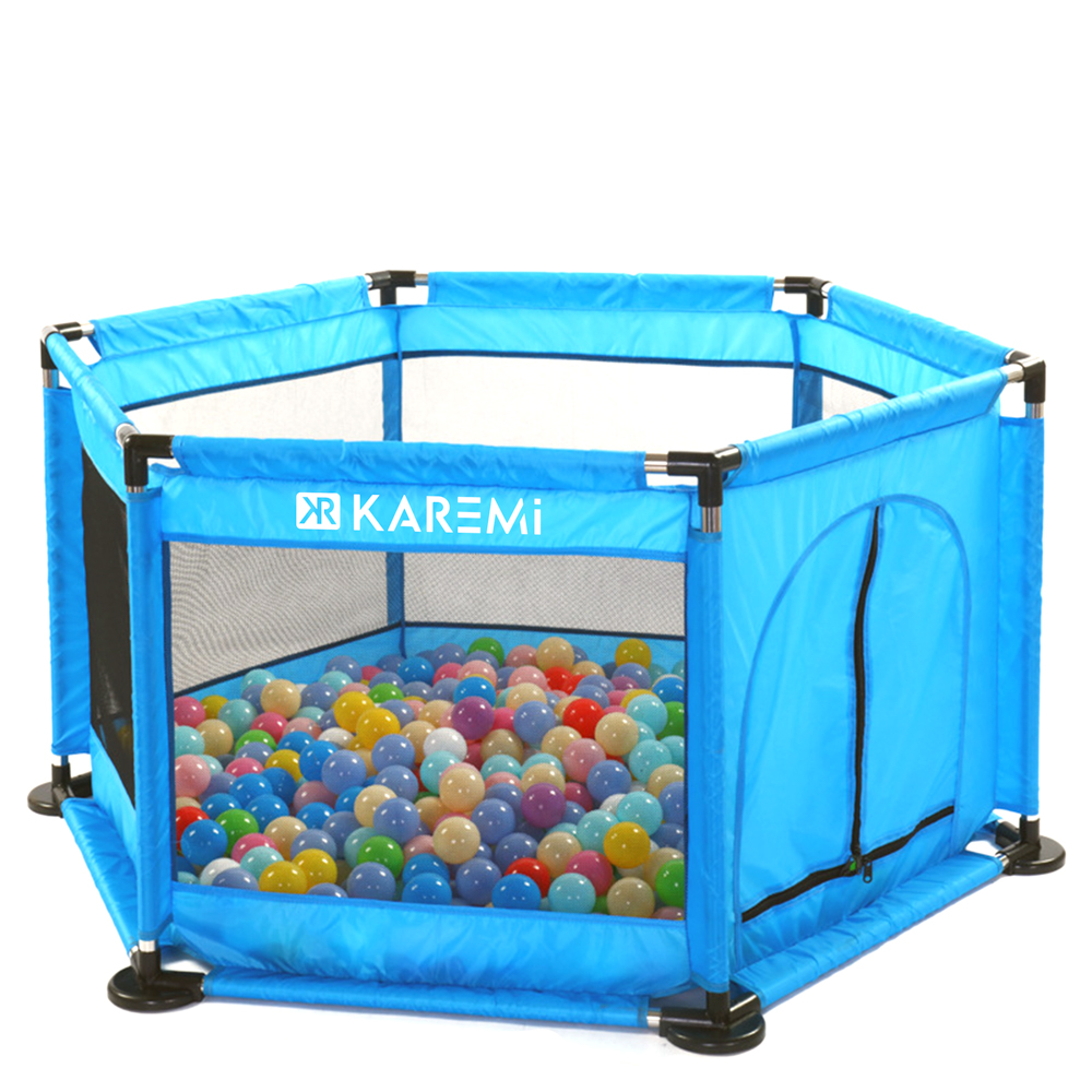 Tarc de joaca de copii multifunctional Karemi, plasa rezistenta, 50 bile, covor, albastru