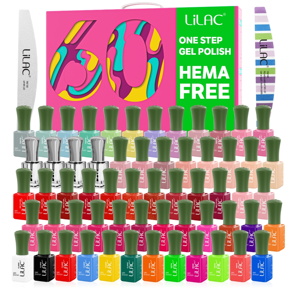Kit oja semipermanenta 60 oje Lilac Hema Free, nail prep + ultrabond, kit unghii semipermanente